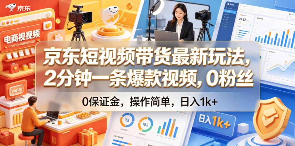 京东短视频带货最新玩法，2分钟一条爆款视频，0粉丝，0保证金，操作简单，日入1k+