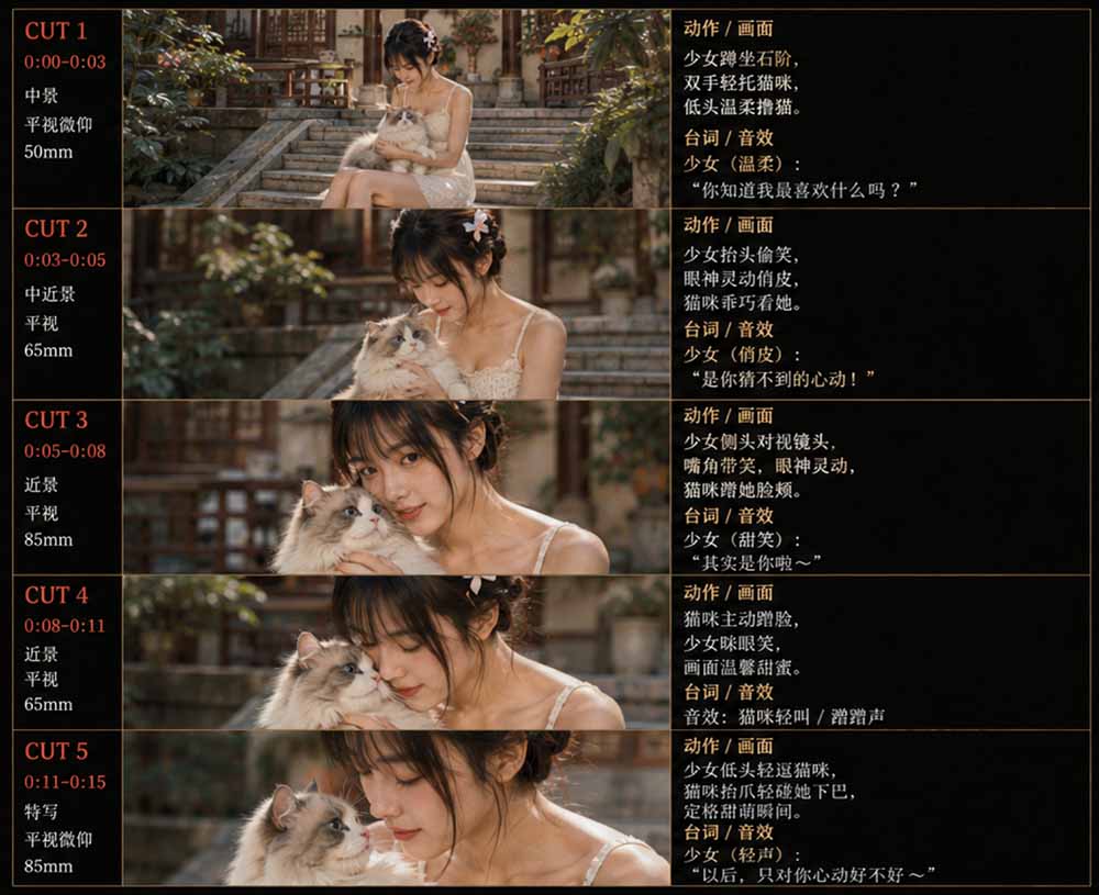 （18909期）美女和猫故事提示词，人物一致性提示词+故事板