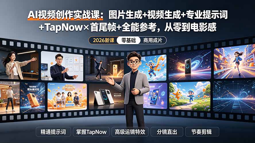 （19383期）AI视频创作实战课：图片生成+视频生成+专业提示词+TapNow×首尾帧+全能参考，从零到电影感成片