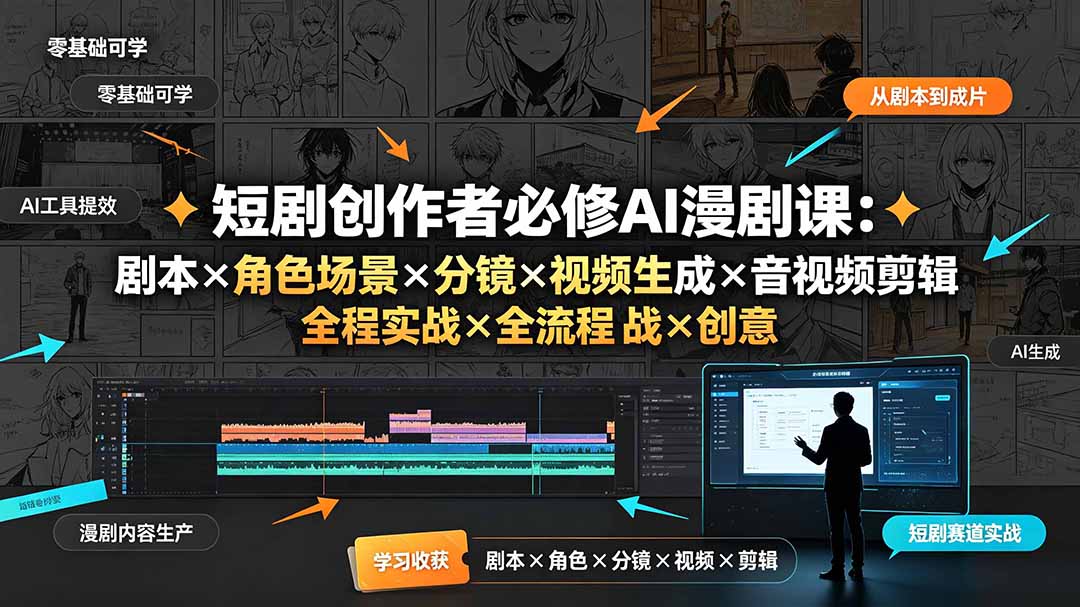（19459期）短剧创作者必修AI漫剧课：剧本×角色场景×分镜×视频生成×音视频剪辑×全流程实战×创意短片拆解