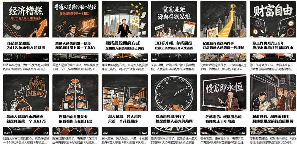 （19515期）AI书单财富书籍图文解读：手绘黑白风格×一键直出×几十条视频跑1000单×全流程拆解×新手可上手
