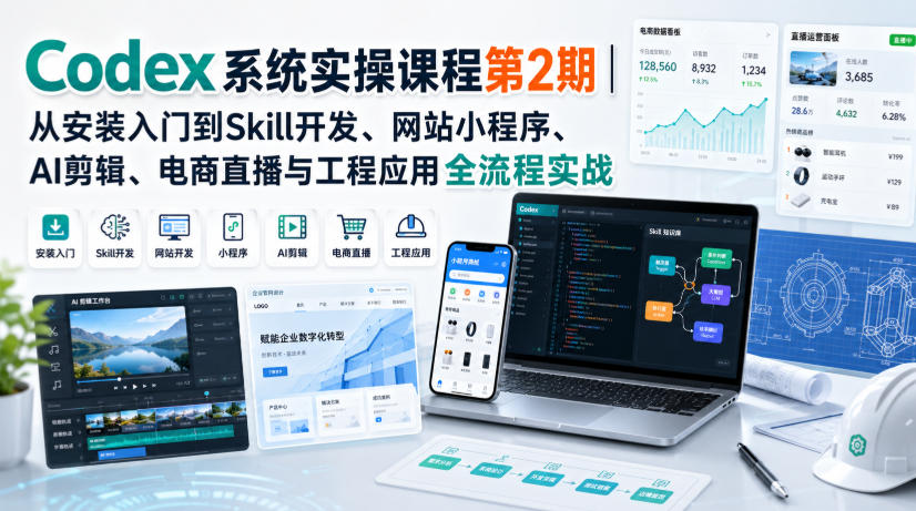 Codex系统实操课程第2期｜从安装入门到Skill开发、网站小程序、AI剪辑、电商直播与工程应用全流程实战