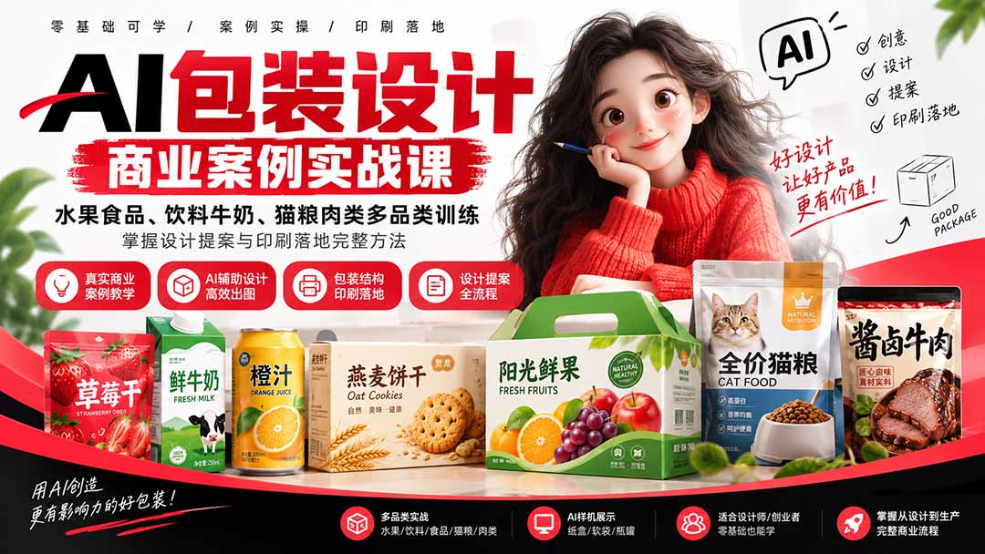 （20387期）AI包装设计商业案例实战课：水果食品、饮料牛奶、猫粮肉类多品类训练，掌握设计提案与印刷落地完整方法
