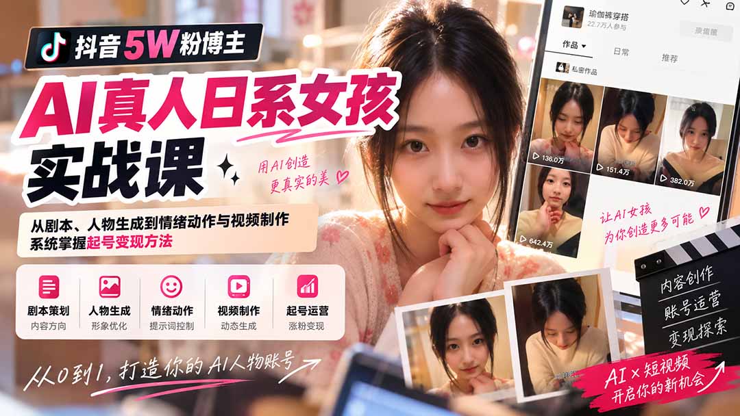（20387期）抖音5W粉博主AI真人日系女孩实战课：从剧本、人物生成到情绪动作与视频制作，系统掌握起号变现方法