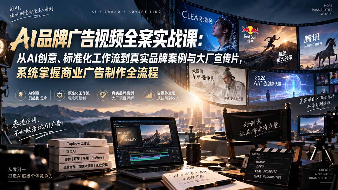 （20392期）AI品牌广告视频全案实战课：从AI创意、标准化工作流到真实品牌案例与大厂宣传片，系统掌握商业广告制作全流程