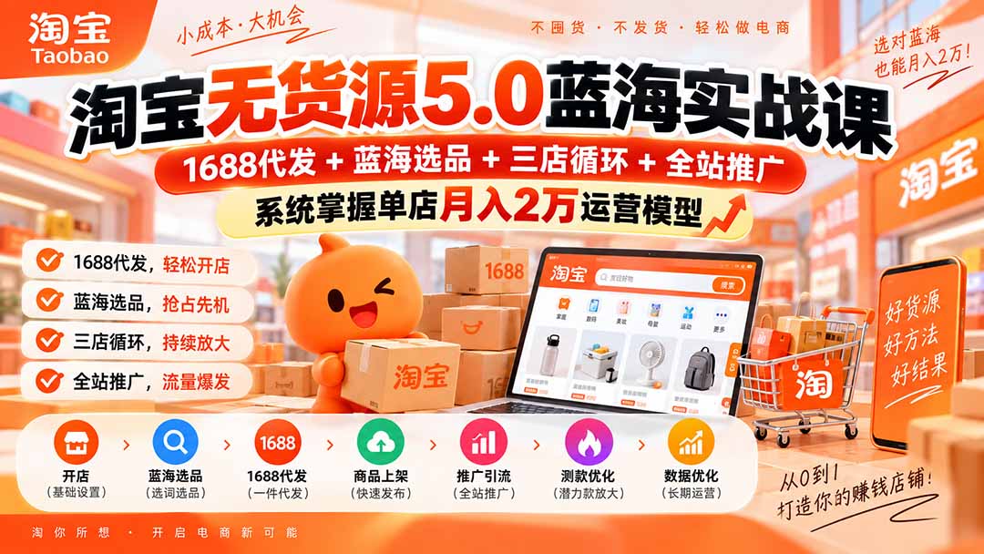 （20397期）淘宝无货源5.0蓝海实战课-更新：1688代发+蓝海选品+三店循环+全站推广，系统掌握单店月入2万运营模型
